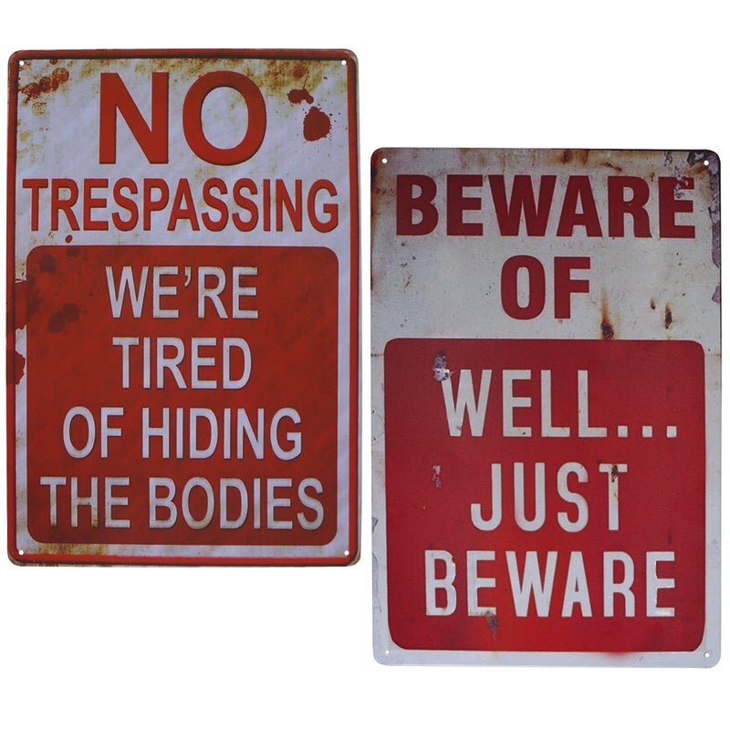 Wonderwin Beware of Well Just Beware & No Trespassing We're Tired of Hiding The Bodies 8 x 12 Retro Metal Signs Vintage Bar Decor Yard Signs Halloween Props - 2 PCS